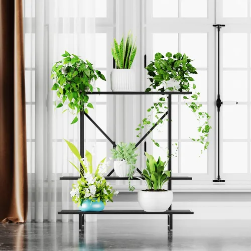 Miniatura 3 de Zhongma Soporte para plantas de 3 niveles que ahorra espacio, resistente para balcón, hogar, jardín, soporte de metal resistente para plantas