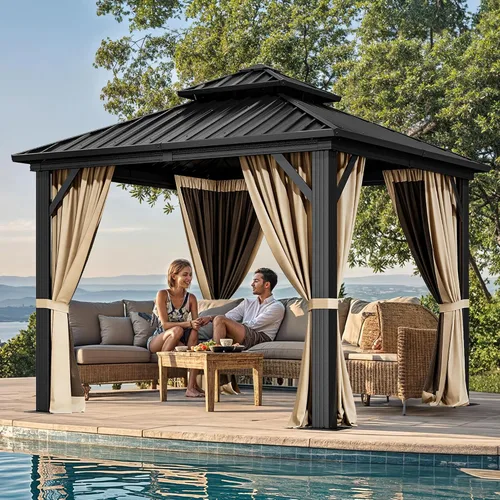 DWVO Gazebo de techo rígido de 10 x 10 pies, techo doble con redes y cortinas, techo de rayas verticales de acero galvanizado resistente para patio,