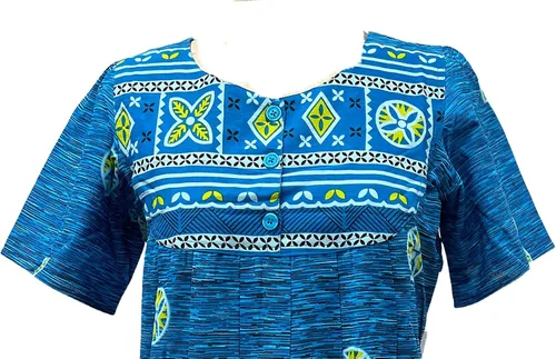 Miniatura 2 de Loungees Vestido de descanso de algodón con estampado de borde azul de manga corta Canesú con babero de 3 botones, Azul