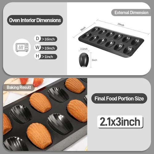 Miniatura 3 de Paquete de 2 moldes Madeleine para hornear, 12 cavidades resistentes en forma de concha para hornear, molde antiadherente para hornear galletas