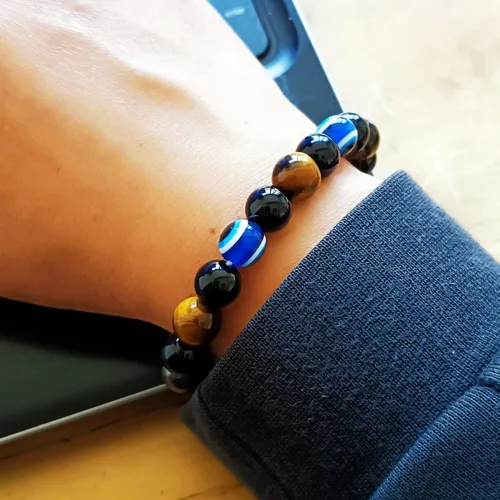 Miniatura 71 de Pulseras de triple protección con piedra de ojo de tigre de obsidiana negra con hematita para hombres y mujeres, pulsera de piedra curativa