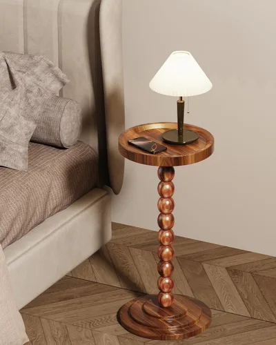 Miniatura 4 de Mesa auxiliar redonda de madera y mesa para bebidas, diseño moderno resistente y funcional de mediados de siglo con base de madera maciza para sala