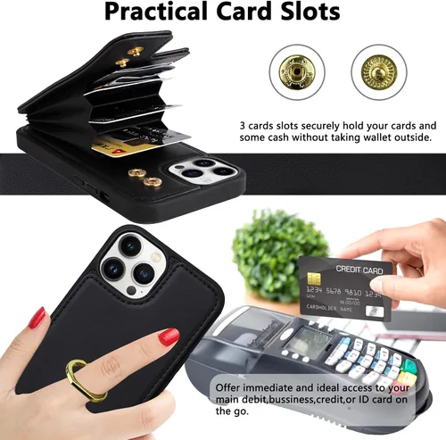 Miniatura 4 de Funda compatible con iPhone 13 Pro Max con tarjetero y rotación de 360°, soporte de anillo de dedo con función atril, bloqueo RFID, piel sintética