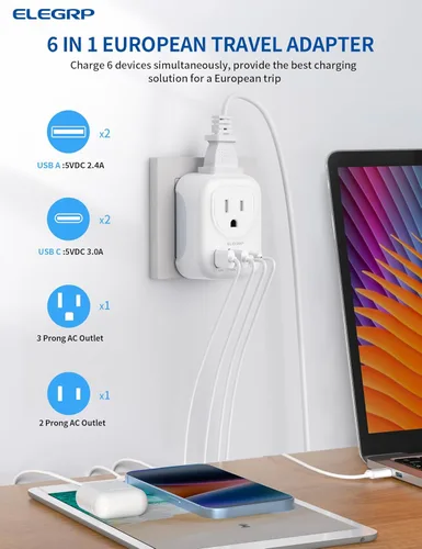 Miniatura 2 de ELEGRP Adaptador de enchufe de viaje europeo, convertidor de adaptador de enchufe de EE. UU. a Europa con dos puertos USB-A y dos puertos USB-C