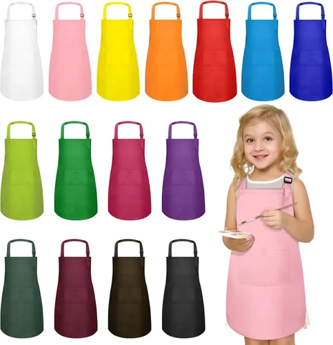 Miniatura 10 de 15 delantales para niños con bolsillos, delantales ajustables para pintura de chef, a granel para niñas y niños de 6 a 13 años, cocinar, hornear