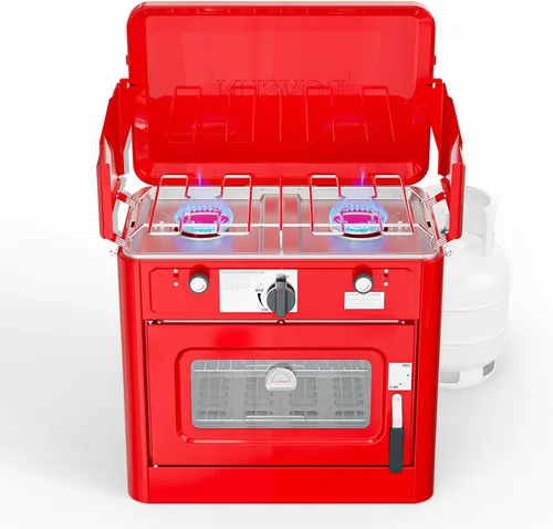 Miniatura 13 de ROVSUN 20000 BTU Propane Camping Stove with Adapter, 2 Burner Tabletop Portable Propane Camp Stove with Built-in Handle & Foldable Wind Panel for