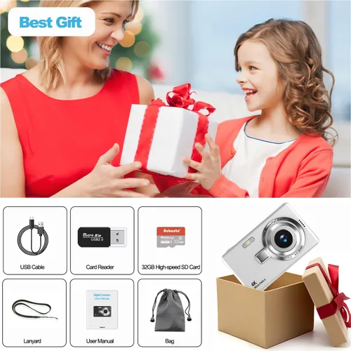 Miniatura 7 de Cámara digital, enfoque automático UHD 4K 50MP cámara de vlogging para fotografía con tarjeta SD de 32 GB, zoom 16X, antivibración, cámaras Plateado