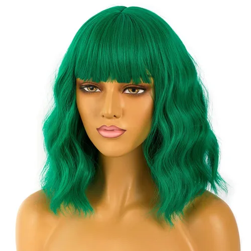 Miniatura 3 de LANICE Peluca verde para mujer, pelucas cortas estilo Bob con flequillo, peluca sintética natural, longitud al hombro, pelucas coloridas para uso