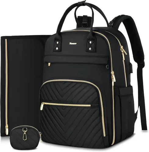 Miniatura 14 de MOMUVO Mochila para pañales, bolsa de bebé acolchada con cambiador, correas para cochecito y funda para chupete, bolsas de pañales de viaje grandes