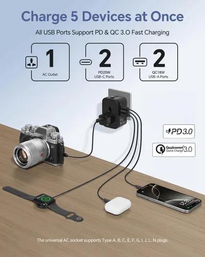Miniatura 2 de Adaptador de viaje, VCOO Universal todo en uno Todo el Mundo Viaje Adaptador de alimentación, Negro