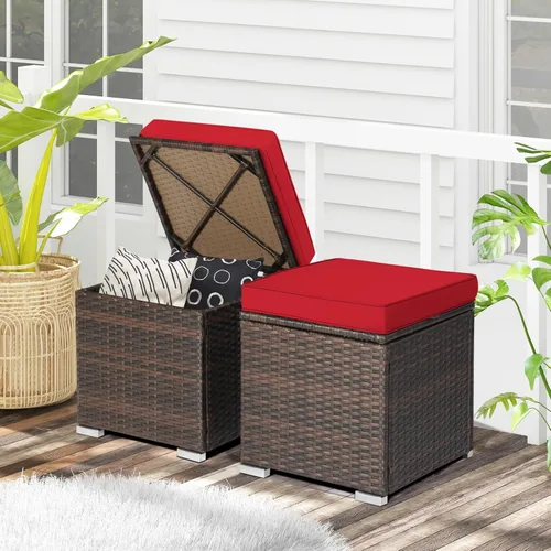 Miniatura 9 de RELAX4LIFE Otomana de mimbre para almacenamiento al aire libre, reposapiés de ratán de 2 piezas con cojín extraíble, reposapiés multiusos, mesa Rojo