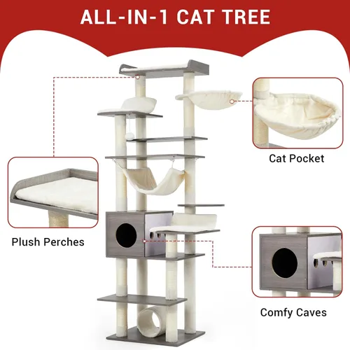 Miniatura 5 de GarveeHome Árbol de gato de 67 pulgadas para gatos grandes, cuenta con poste rascador, condominio para gatos, plataformas, túnel, hamaca, estación