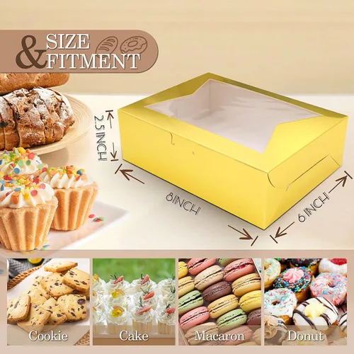 Miniatura 2 de KPOSIYA 65 PCS Cajas para Galletas de 8x6x2.5 Pulgadas con Ventana Cajas Doradas de Panadería Cajas de Repostería para Regalar, Golosinas, Postre