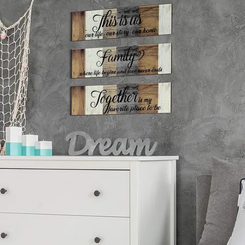 Miniatura 5 de Jetec Letrero de madera familiar de 3 piezas con texto en inglés "This Is Us", decoración rústica de madera para el hogar, decoración de pared Marrón