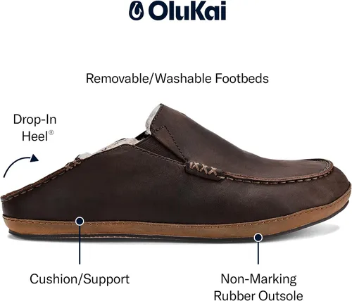 Miniatura 4 de OLUKAI Moloa pantuflas, Zapatos de cuero de primera calidad para hombre con suela suave, forro de piel de oveja genuina y inserto de gel, tacón