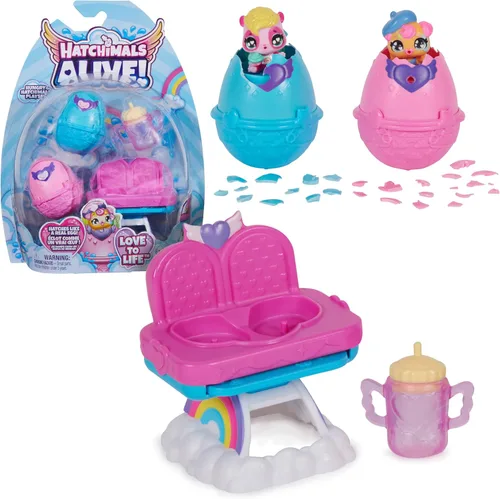 Hatchimals Alive, juego de juguetes Hatchimals hambrientos con juguete de trona y 2 mini figuras en huevos auto-incubados, juguetes para niños para