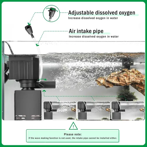 Miniatura 5 de AQQA Filtro de acuario, filtración de 3 etapas, fabricante de ondas ajustables y oxigenador, bomba sumergible silenciosa de 18 W 164 GPH, filtro