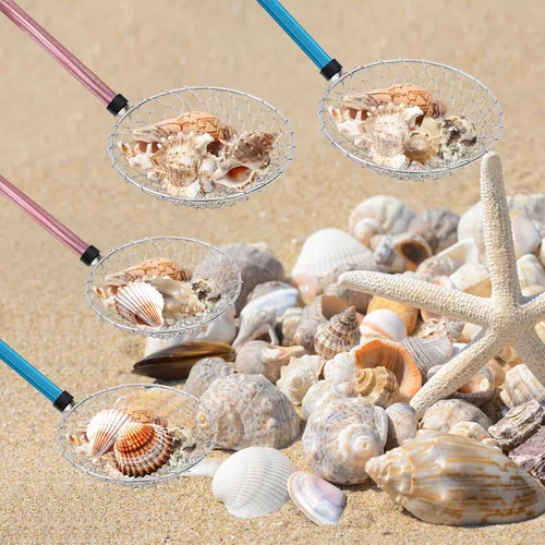 Miniatura 4 de Roshtia 4 Pcs Beach Sand Sifter Set, Adjustable Long Handle Shell Scoop, Shark Tooth Sifter Mesh Shovel for Family Seashell Collecting, Sea Glass