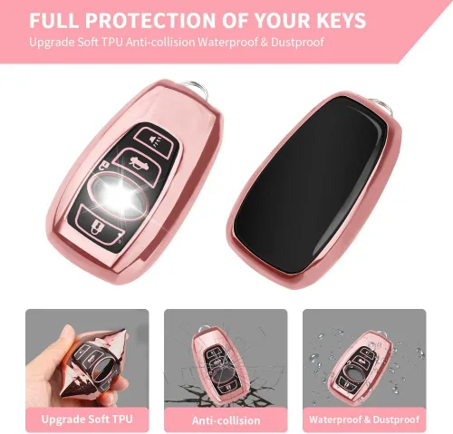 Miniatura 3 de QBUC Funda para llavero Subaru con llavero de cuero, apta para Forester Crosstrek Outback Ascent Impreza Legacy Subaru 4 botones (rosa)