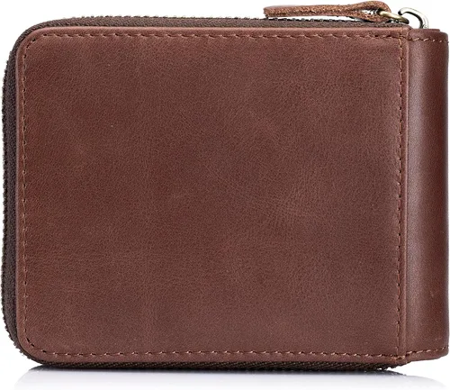 Miniatura 10 de LUKZIJAES Billetera de cuero genuino para hombre, con bloqueo RFID, delgada, plegable, bolsillo frontal, #3-Café, Vintage