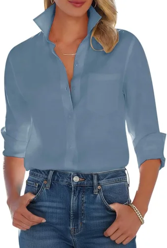 Miniatura 7 de Camisas con botones para mujer, camisa de vestir de manga larga, sin arrugas, con cuello, camisa de trabajo, casual, blusa de oficina