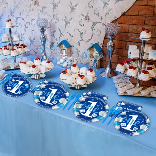 Miniatura 6 de Wiooffen Juego de vajilla para fiesta de cumpleaños de niño de 1 año, azul, 96 piezas, para 24 invitados, platos de papel, servilletas, tenedores