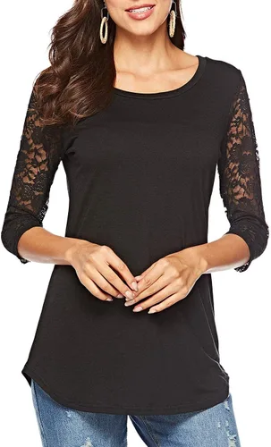 Miniatura 4 de Camiseta de manga de encaje 34 con cuello redondo para mujer, blusas casuales tipo túnica