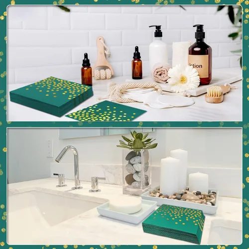 Miniatura 6 de Paquete de 100 servilletas desechables de cóctel verdes, servilletas de papel verde y dorado para boda, cumpleaños, aniversario, graduación