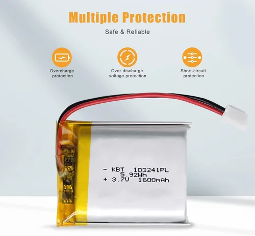 Miniatura 5 de KBT 3.7V 1600mAh Batería de polímero de litio: 103241 Baterías recargables de Li-ion de reemplazo con conector JST de 2.54 para faro frontal