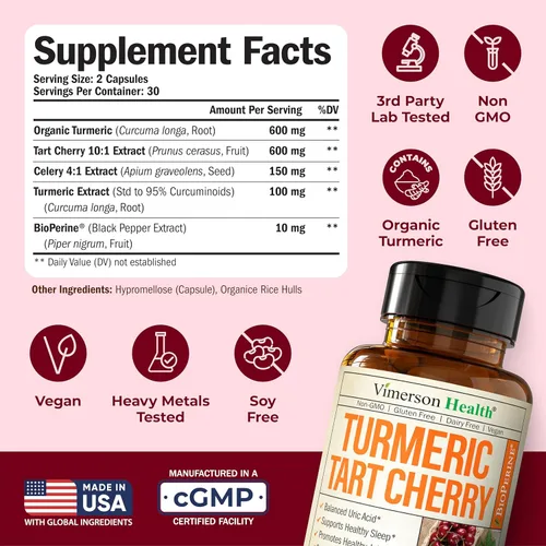Miniatura 3 de Cápsulas de extracto de cereza ácida y curcumina de cúrcuma, 95 % de curcuminoides antioxidantes, BioPerine de pimienta negra y extracto de apio
