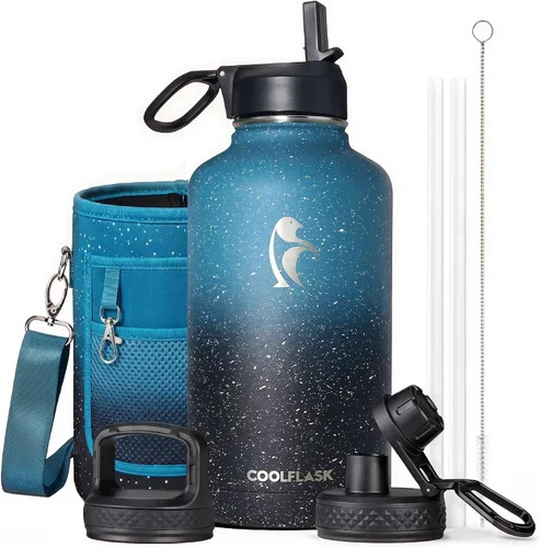 Miniatura 31 de Coolflask Botella de agua de 20 onzas aislada con pajilla, 3 tapas de metal de acero inoxidable, botella de agua de boca ancha para deportes u