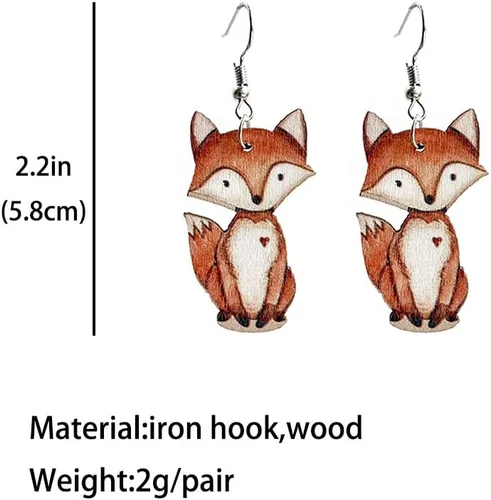 Miniatura 3 de Aretes colgantes de zorro rojo de cobre, lindos aretes colgantes de mapache de madera, zorro, zorro, joyería hipoalergénica para regalos de mujer