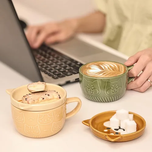 Miniatura 2 de Linda Taza de Café de Cerámica con Gato con Tapa, Tazas de Café Kawaii o Tazas de Té para Amantes de los Gatos, Divertidos Tazones de Desayuno