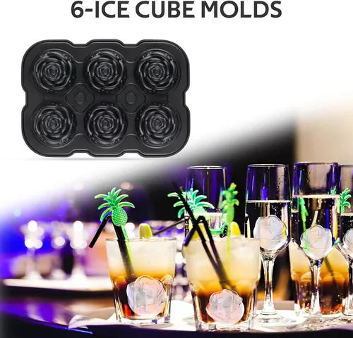 Miniatura 4 de Bandeja para cubitos de hielo, Mikiwon bandejas para cubitos de hielo en forma de rosa de 2 pulgadas con tapas, molde para bolas de hielo de Negro