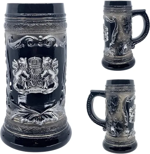 Miniatura 3 de OktoberfestHaus - Taza de cerveza con escudo de armas del Bayern alemán, escudo de armas Bier Krug con emblema de metal en jarra de cerámica negra