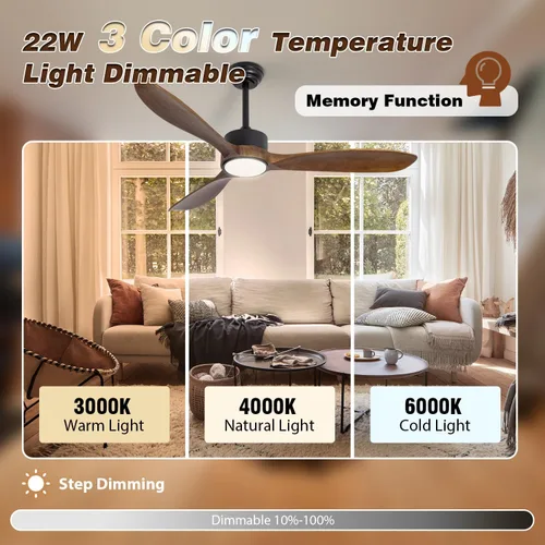 Miniatura 3 de Ventilador de techo de madera marrón de 52 pulgadas con luz y control remoto, motor de CC silencioso, 6 niveles de velocidad, luces regulables