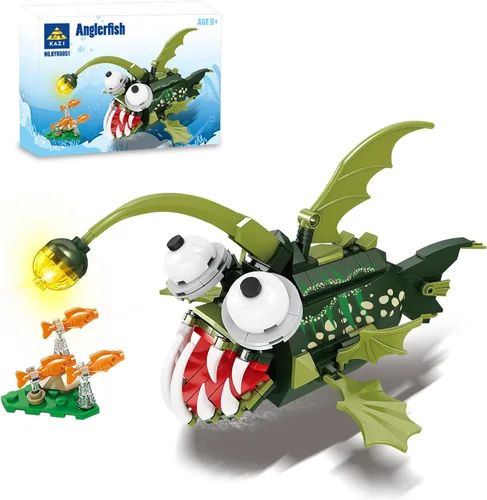 KAZI Juego de construcción de juguetes de pez pescador, bloques de construcción de criaturas marinas de Halloween, juguetes de animales del océano