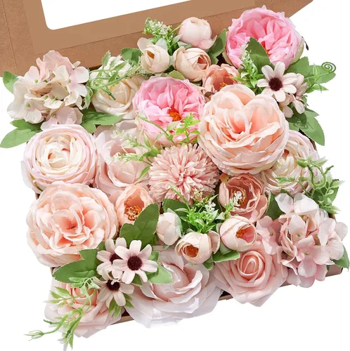 Miniatura 27 de Serwalin Flores Artificiales Peonías Rosas Flores Falsas de Boda Conjunto de Caja de Flores para Pastel para Ramos de Boda DIY Centros de Mesa