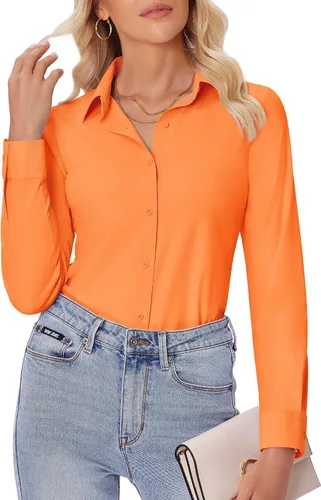 Miniatura 12 de siliteelon Camisas con botones para mujer, ajustadas, de manga larga, elásticas, de vestir, camisas de trabajo, sin arrugas, blusas de oficina