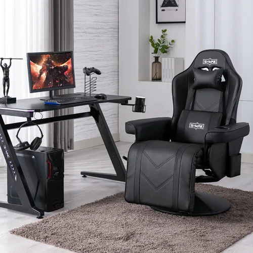 Miniatura 9 de S*MAX Silla reclinable para juegos para adultos, estilo carreras, ergonómica, con respaldo alto, giratoria, de piel sintética, con respaldo Negro