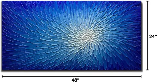 Miniatura 8 de AMEI Arte, 24 x 48 pulgadas, pintado a mano, obra de arte moderna con flores azules y blancas, pintura al óleo de madera en el interior enmarcado