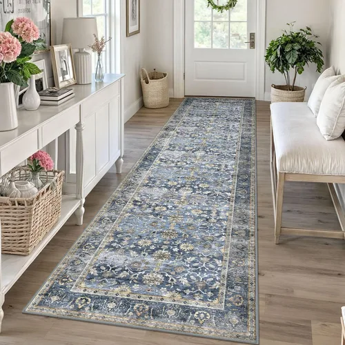 Miniatura 59 de KUTA Alfombras vintage de 2 x 3 pies para entrada, antideslizantes, lavables, tapete para puerta de interior con estampado floral, azul, gris, Azul