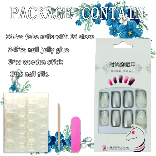 Miniatura 4 de 24 uñas postizas cuadradas de color negro brillante, de cobertura completa, con diseños de notas musicales, uñas postizas acrílicas con pegamento