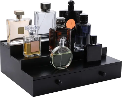 Miniatura 8 de Organizador de colonia Boulphia para hombre, soporte de colonia de 3 niveles con cajón y compartimento oculto, estante de madera para exhibidor