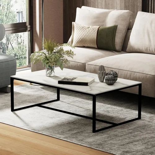 Miniatura 10 de Wisfor Mesa de centro rectangular de piedra sinterizada de mármol con patas de metal para sala de estar, 40 x 24 x 17 pulgadas, gris