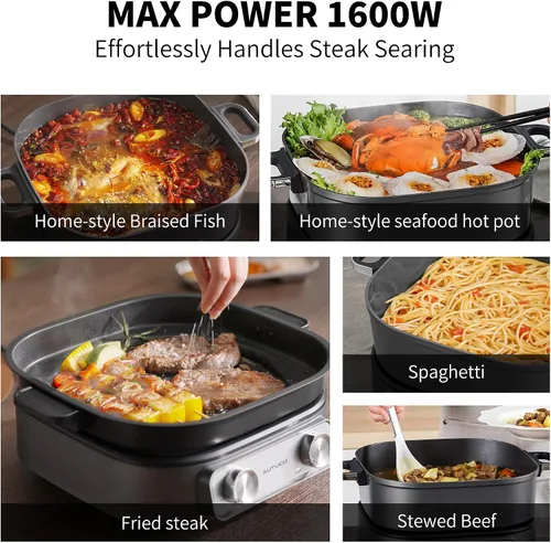 Miniatura 5 de Sartén eléctrica de 6 cuartos con parrilla Olla antiadherente con revestimiento cerámico libre de PFOA, 1600W, temporizador y 3 configuraciones