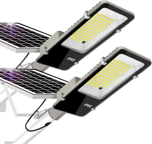 Luces solares impermeables para exteriores IP65: paquete de 2 luces solares de calle de 10000 mAh, luces solares para exteriores del atardecer al