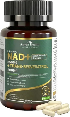 Miniatura 9 de Suplemento liposomal NAD+ nicotinamida ribósido de 550 mg con trans-resveratrol 200 mg - Quercetina, fisetina para el metabolismo, energía celular