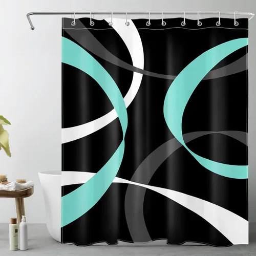 Miniatura 26 de LB Cortina de ducha abstracta rosa para baño, cortina de ducha de tela a rayas grises y blancas sobre fondo negro con ganchos, juego de cortinas