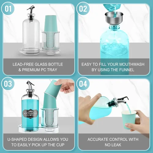 Miniatura 4 de Dispensador de enjuague bucal para baño con portavasos, contenedor de vidrio desmontable para enjuague bucal de 16 onzas, dispensador de enjuague
